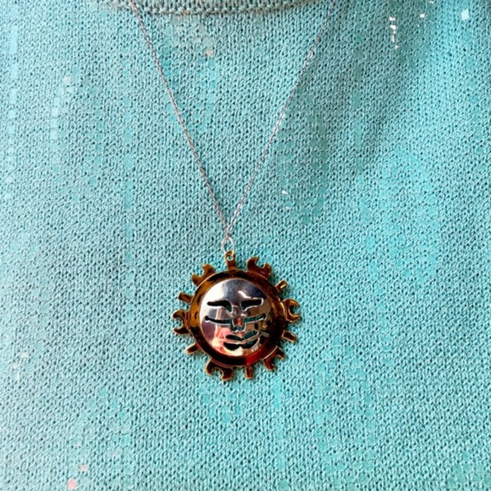 Vintage Taxco Mexico 925 Sterling Silver Sun Face‎ Pendant 20" Chain